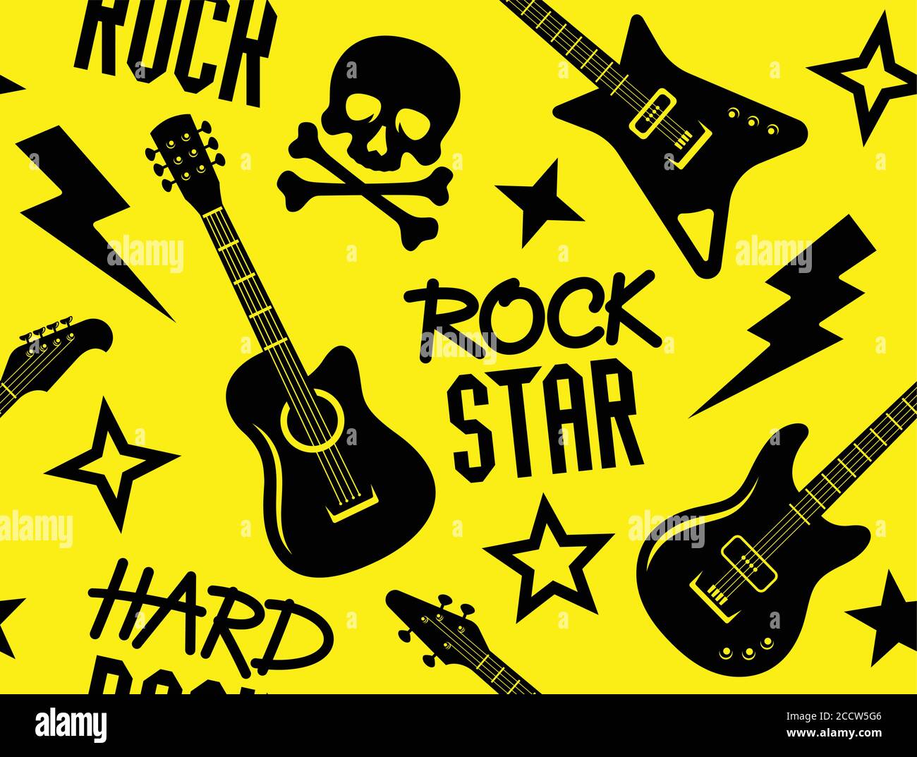 Trendige musikalische nahtlose Muster mit Gitarren, Totenkopf und Crossbones und andere Rock-Musik-Symbole. Nahtlose Rockmusik Hintergrund Stock Vektor