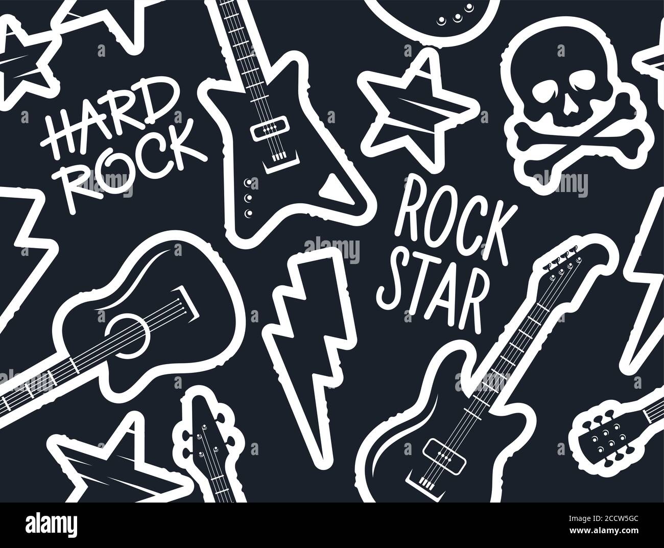 Trendige musikalische nahtlose Muster mit Gitarren, Totenkopf und Crossbones und andere Rock-Musik Symbole für Teenager Kleidung Design. Nahtlose Rockmusik Backgr Stock Vektor