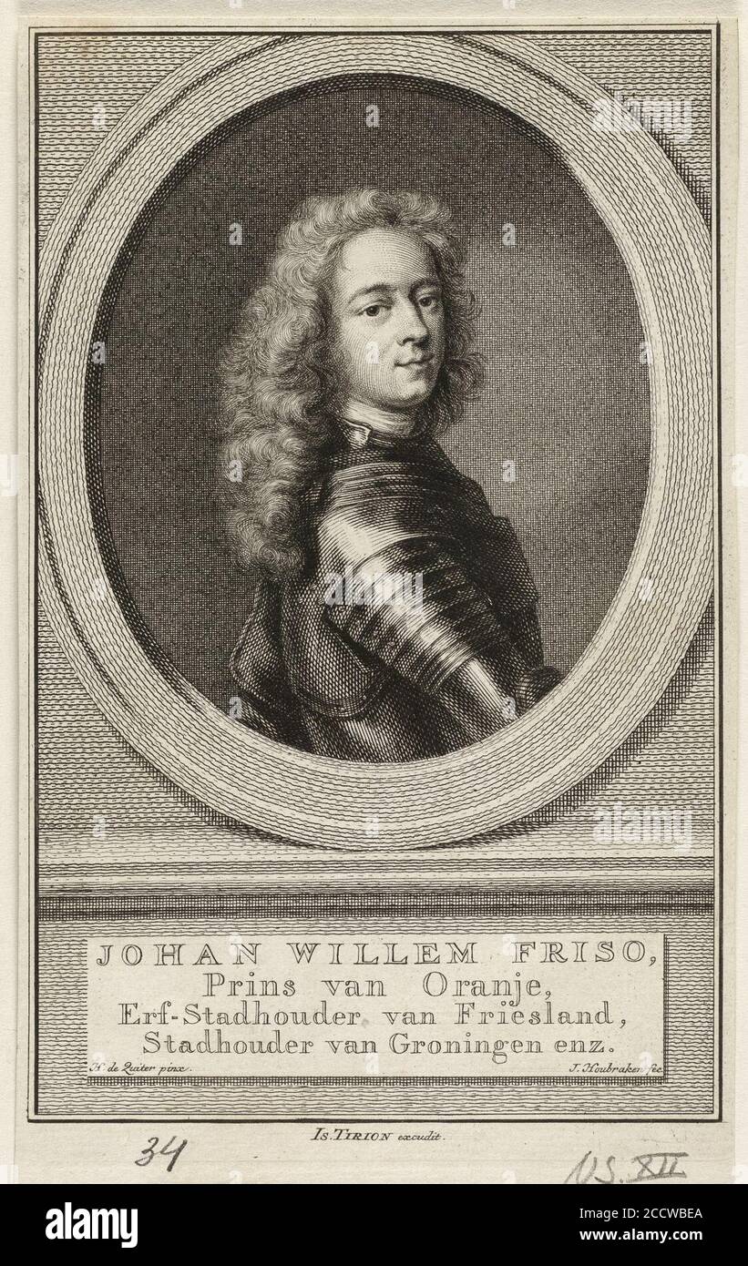 Johan Willem Friso, Prins van Oranje Portret van Johan Willem Friso Nassau-Dietz in een harnas, in een ovaal. Het portret rust op een plint waarop zijn naam en gegegevens in vier regels in het, Stockfoto