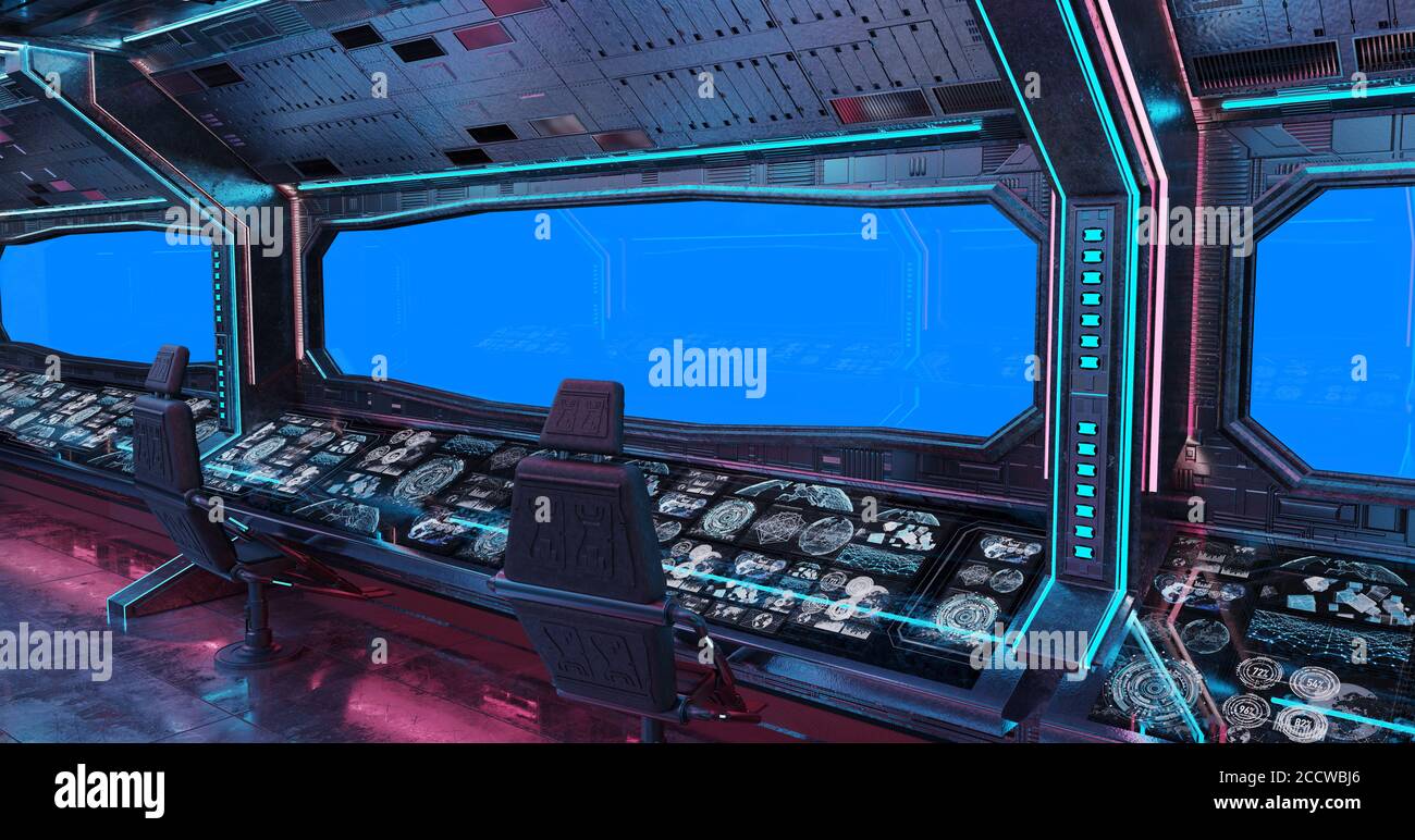 Grunge Raumschiff Innenraum mit blauem Hintergrund 3D-Rendering Stockfoto