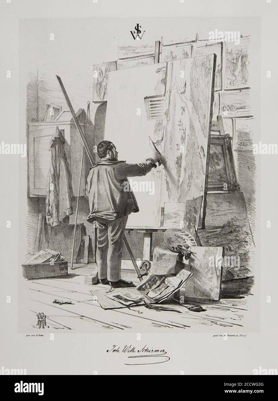 Johann Wilhelm Schirmer in seinem Atelier, ‘Campagna Romana mit Äquadukt‘ malend, Henry Ritter in Schattenseiten der Düsseldorfer Maler, 1845. Stockfoto