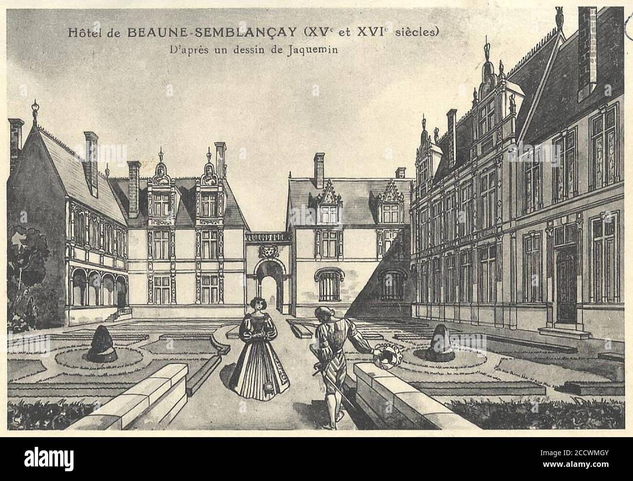 Jardin de Beaune-Semblançay - Vue perspective du jardin de l'hôtel de Beaune-Semblançay, d'après un dessin de Jacquemin. Stockfoto