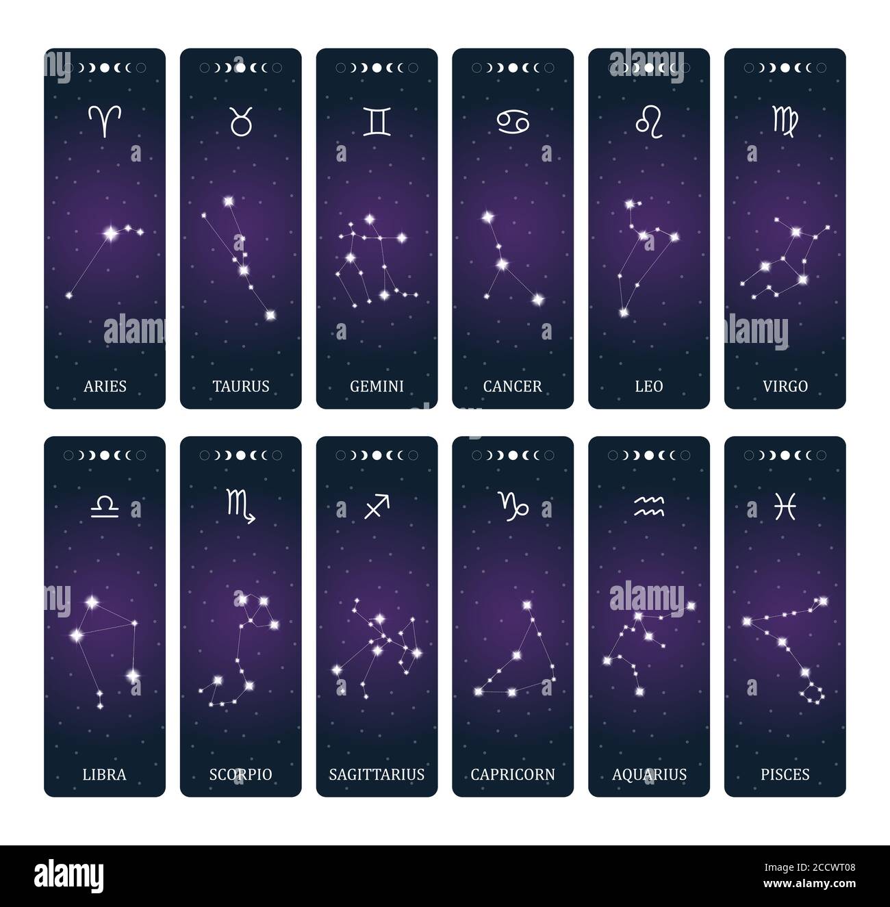Sternzeichen mit Sternbildern auf dem Hintergrund des Weltraums. Mystery und Esoterik. Horoskop Vektor Illustration. Spirituelles Tarot-Poster. Magisch okkult Stock Vektor