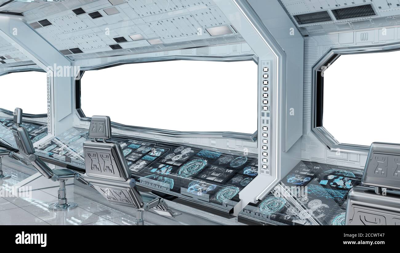 Weiß sauber Raumschiff Innenraum mit weißem Hintergrund 3D-Rendering Stockfoto