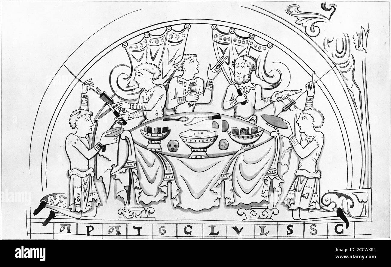 Halbton eines englischen Banketts im 11. Jahrhundert. Aus einer Reihe von Schulplakaten für Geschichte und Sozialwissenschaften c 1930 Stockfoto