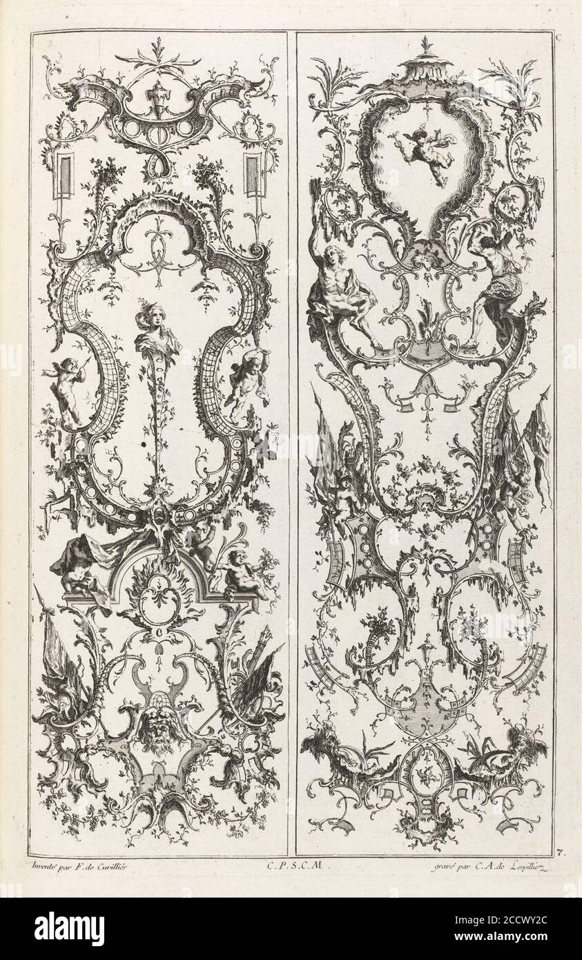 Jean-François Cuvilliés - zwei Paneele mit grotesken Motiven Stockfoto