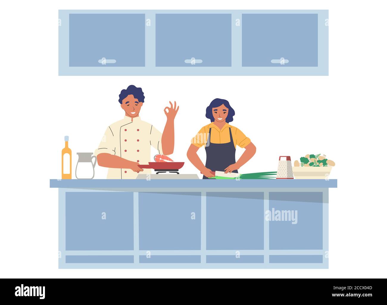 Kochen TV-Show. Mann und Frau bereiten Gericht in der Küche, flache Vektor-Illustration Stock Vektor