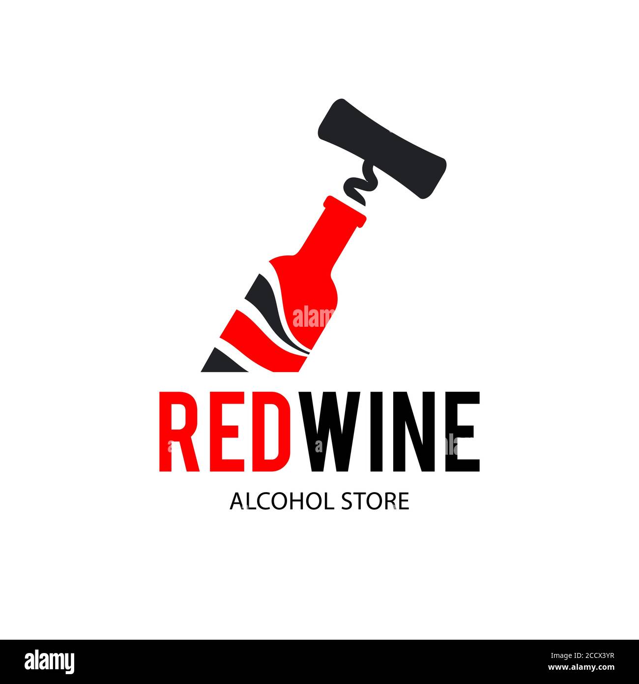 Schild Schwarzer Korkenzieher und eine Flasche Rotwein. Design moderne Logos für Unternehmen. Vektor-Logo auf weißem Hintergrund isoliert. Stock Vektor