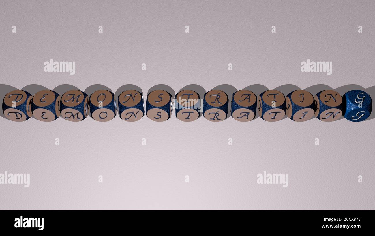 Kreuzworträtsel des Demonstrierens angeordnet durch kubische Buchstaben auf einem Spiegelboden, Konzept Bedeutung und Präsentation, 3D-Illustration Stockfoto