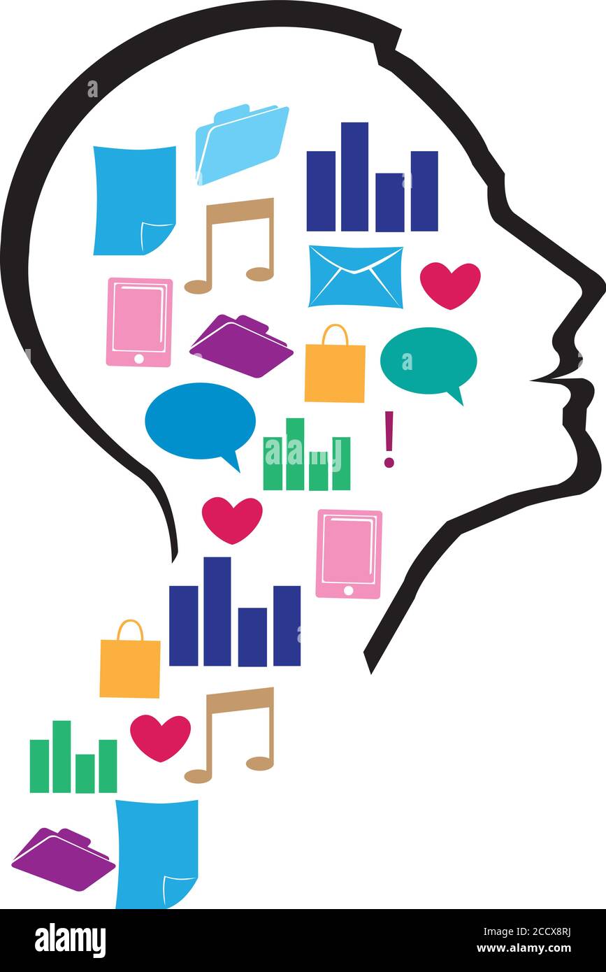 Silhouette eines Mannes Kopf gefüllt mit Internet-Icons. Konzeptuelle Vektordarstellung für Mensch und Technik im modernen Lebensstil Stock Vektor