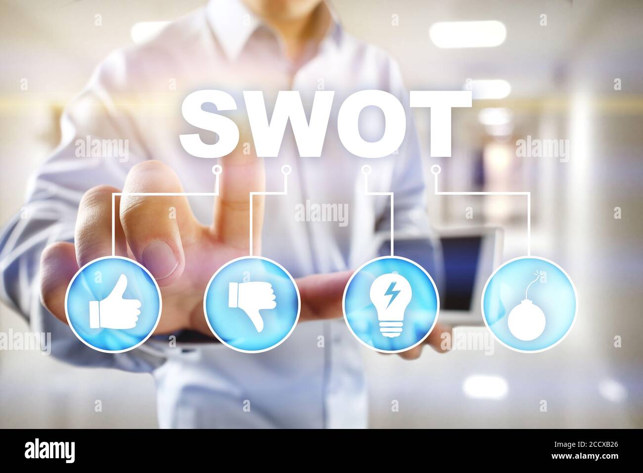 SWOT-Analysekonzept - eine Studie einer Organisation zur Ermittlung ihrer internen Stärken, Schwächen sowie ihrer externen Chancen und Bedrohungen. Stockfoto