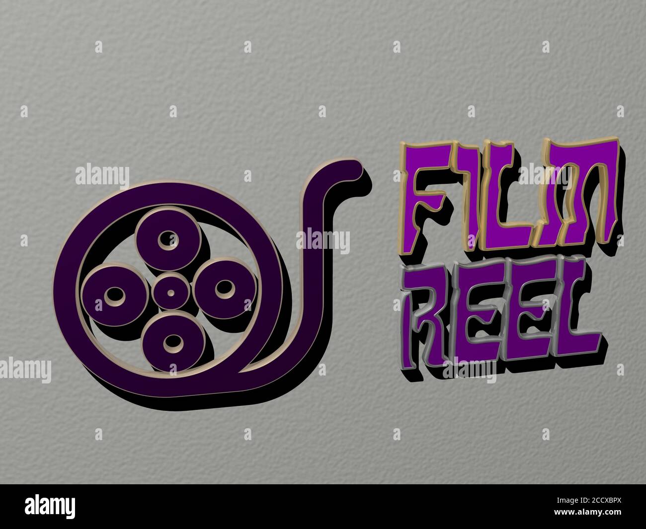 FILMROLLE Symbol und Text an der Wand, 3D-Illustration Stockfoto