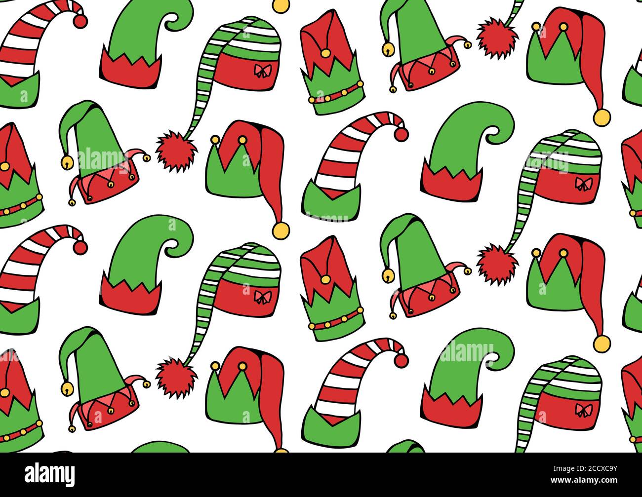 Nahtlose Textur mit Cartoon Elf Hüte. Vektorhintergrund für Geschenkpapier, Hintergründe, Stoffe und Ihre Kreativität Stock Vektor