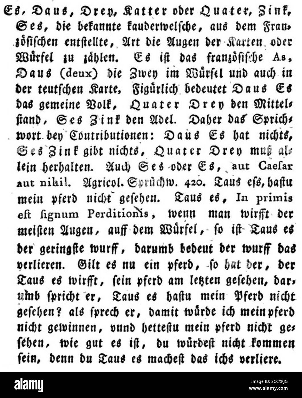 Johann Adam Göz, Erklärung der Würfelzahlen bei Hans Sachs. Stockfoto