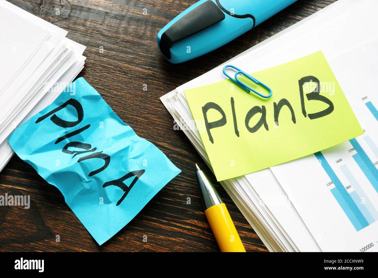 Zeit für Plan B im Geschäftskonzept. Ein zerknittertes Stück Papier mit den Worten Plan A. Stockfoto