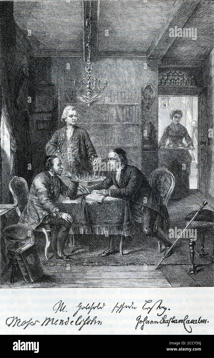 Lessing im religiösen Gespräch mit Mendelssohn und Lavater, nach Ölgemälde von Oppenheim, Historische Illustration von Otto von Leixner Stockfoto