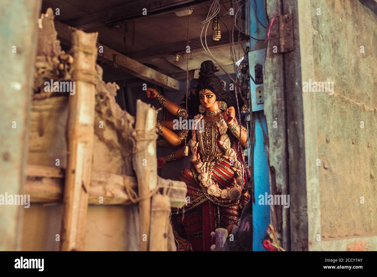 Idol der Göttin Durga in der Herstellung von Kalkutta, Indien Stockfoto