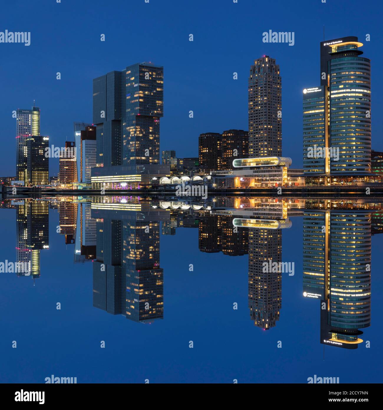 Nieuwe Maas mit Wolkenkratzern zur blauen Stunde, Rotterdam, Zuid-Holland, Niederlande Stockfoto