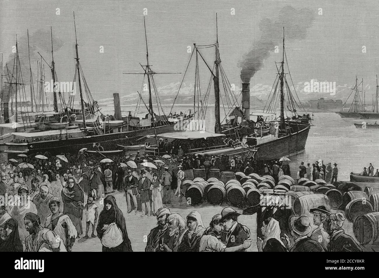 Die Spanier in der Region Oran. Während des zweiten Drittels des 19. Jahrhunderts gingen viele Spanier als Bauern, um ihr Glück in Nordalgerien zu machen. Am 11. Juni 1881 griffen die Männer des Marabout Mohamed el-Arbi, bekannt als BU-Amena, Bauern an, die in den Oranien-Agrarfeldern Halfalia und Frendah bei Saida (Algerien) Espartos sammelten. Es verursachte Panik unter den europäischen Emigranten. Viele von ihnen kehrten in ihre Herkunftsländer zurück. 9,000 Spanier taten dies zwischen dem 11. Und 22. Juni 1881. Hafen von Alicante (Spanien). Ausschiffung spanischer Arbeiter, Flüchtlinge aus Oran, die von der zurückgeführt wurden Stockfoto