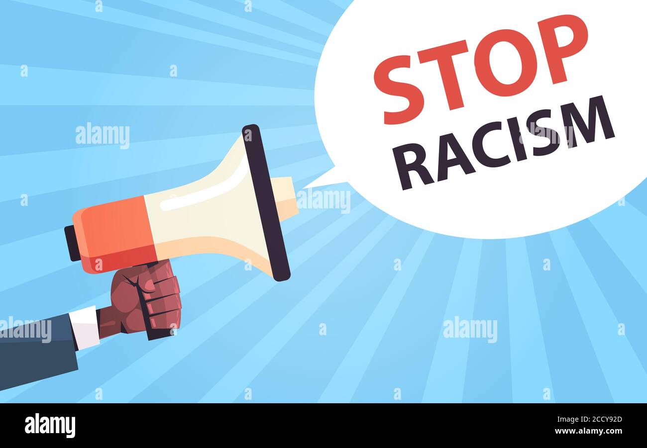 Hand hält Megaphon stoppen Rassismus und Diskriminierung Rassengleichheit sozial Justice Konzept horizontale Vektor-Illustration Stock Vektor