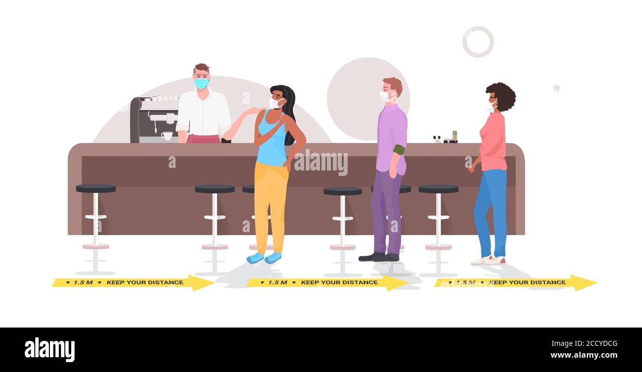 Mischen Sie Renncafe Besucher halten Abstand zu Coronavirus Pandemie zu verhindern Restaurant Innenraum horizontale volle Länge Vektor-Illustration Stock Vektor