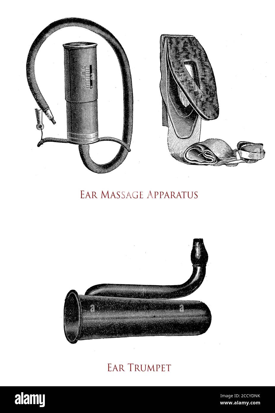 Healthcare und medizinische Hörzubehör: Ohrmassage-Geräte und Ohrtrompete Stockfoto