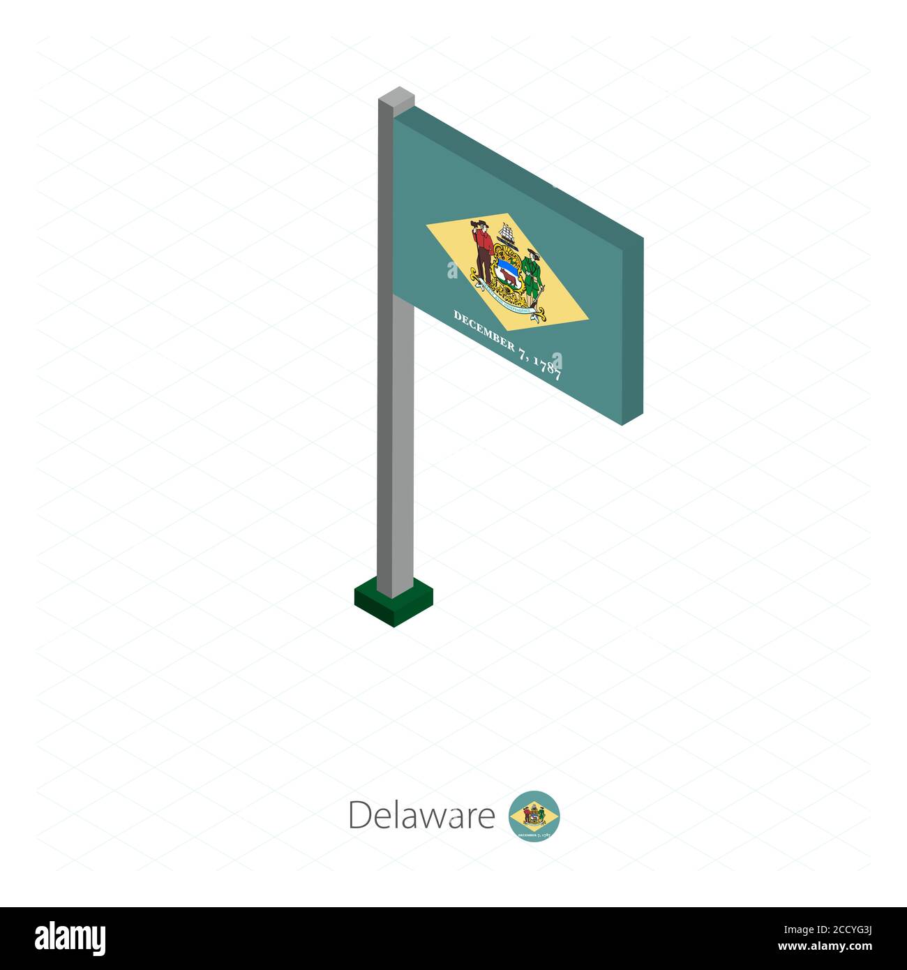 Delaware US-Staatsflagge auf Fahnenmast in isometrischer Dimension. Isometrischer blauer Hintergrund. Vektorgrafik. Stock Vektor