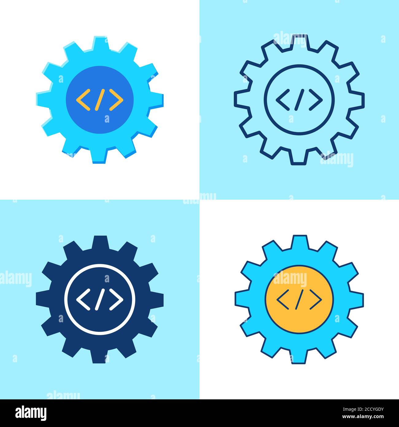 Web-Entwicklung Symbol in flachen und Linie Stil gesetzt. Zahnrad- und HTML-Syntaxsymbole. Vektorgrafik. Stock Vektor