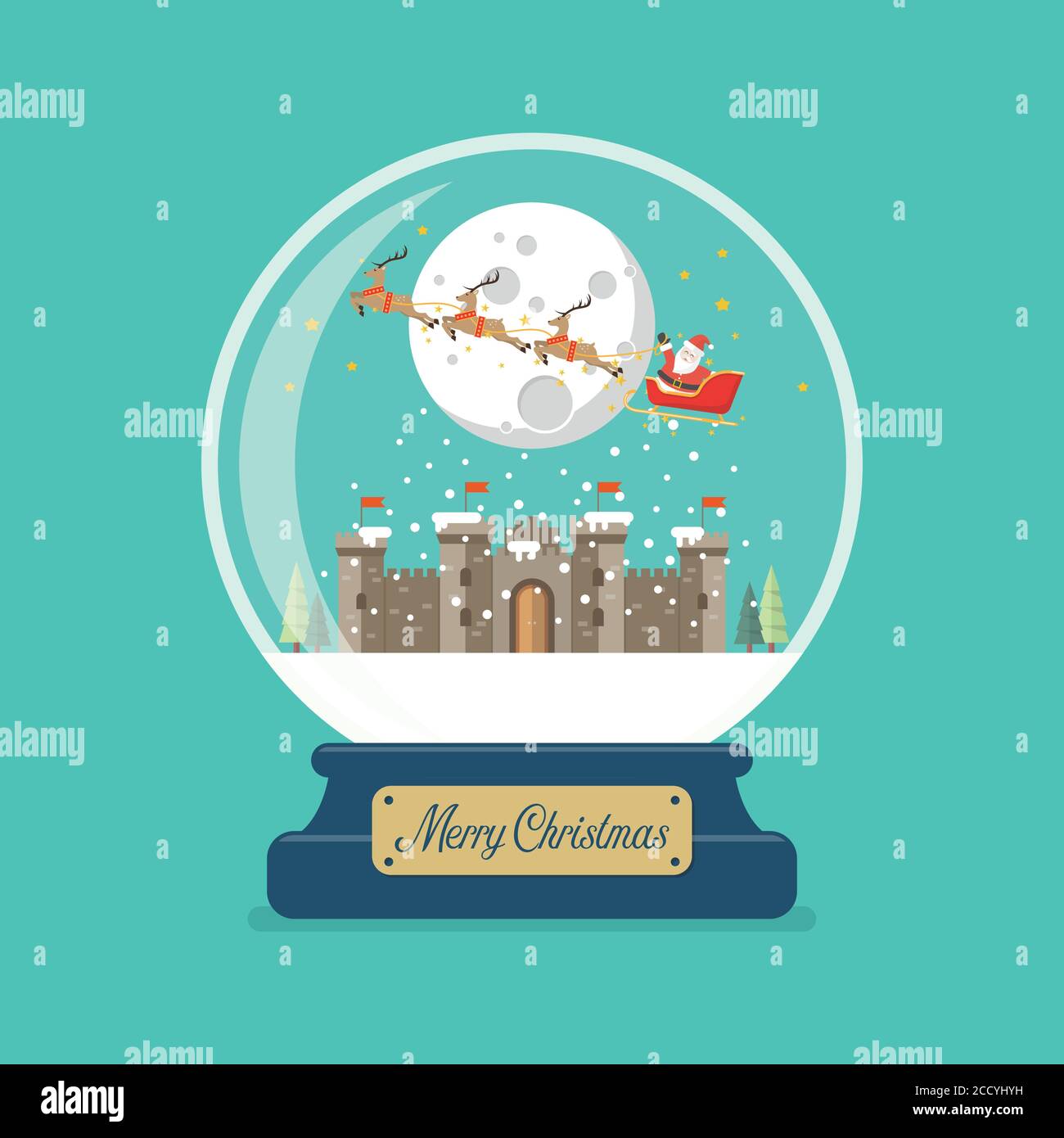 Frohe weihnachten Glaskugel mit Santa Schlitten fliegen über Schloss. Vektorgrafik Stock Vektor