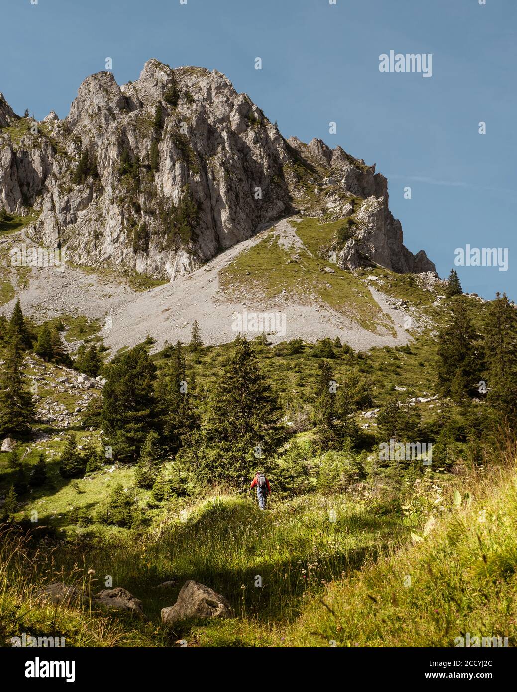 Ein Wanderer auf dem Weg zum Col de Base, Schweiz Stockfoto
