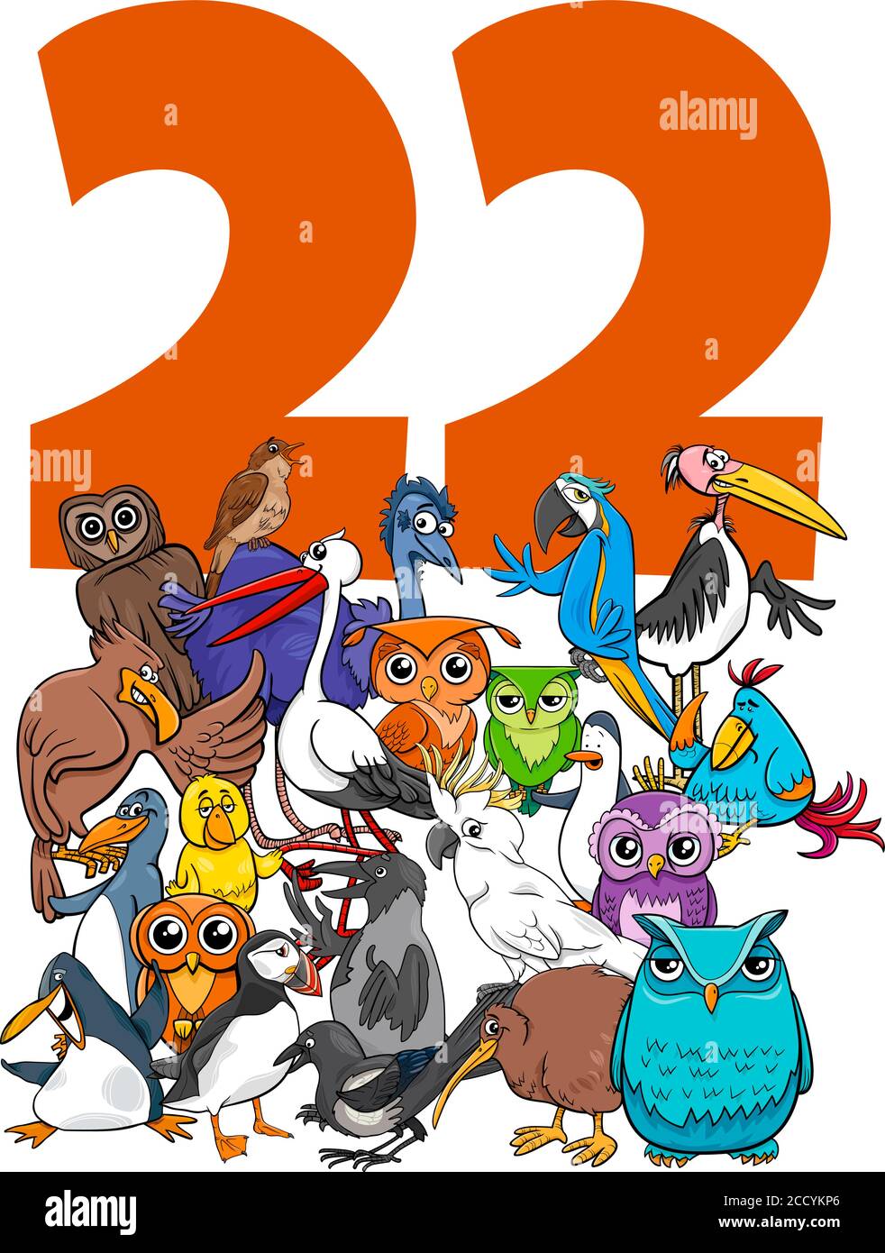 Cartoon Illustration der Zahl Twenty Two mit Lustige Vögel Tier Zeichengruppe Stock Vektor