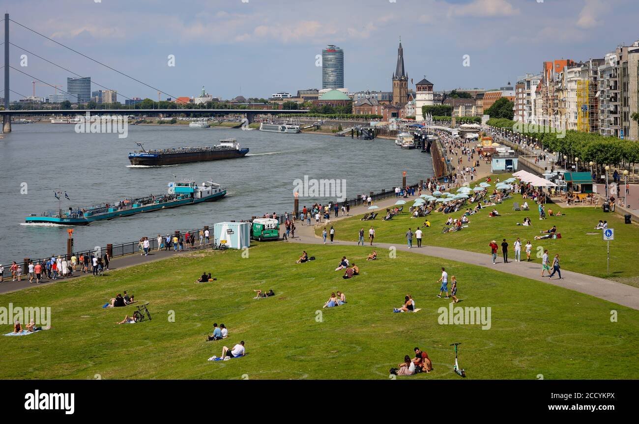 Düsseldorf, Nordrhein-Westfalen, Deutschland - Rheinuferpromenade in Zeiten der Corona-Pandemie, auf den Rheinwiesen, Apollo-Wiese, sitzen Menschen i Stockfoto