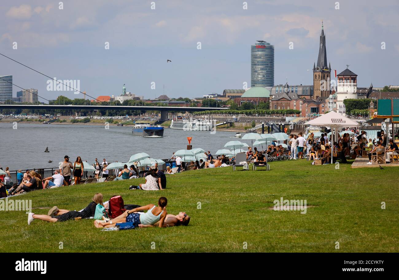 Düsseldorf, Nordrhein-Westfalen, Deutschland - Rheinuferpromenade in Zeiten der Corona-Pandemie, auf den Rheinwiesen, Apollo-Wiese, liegen Menschen i Stockfoto