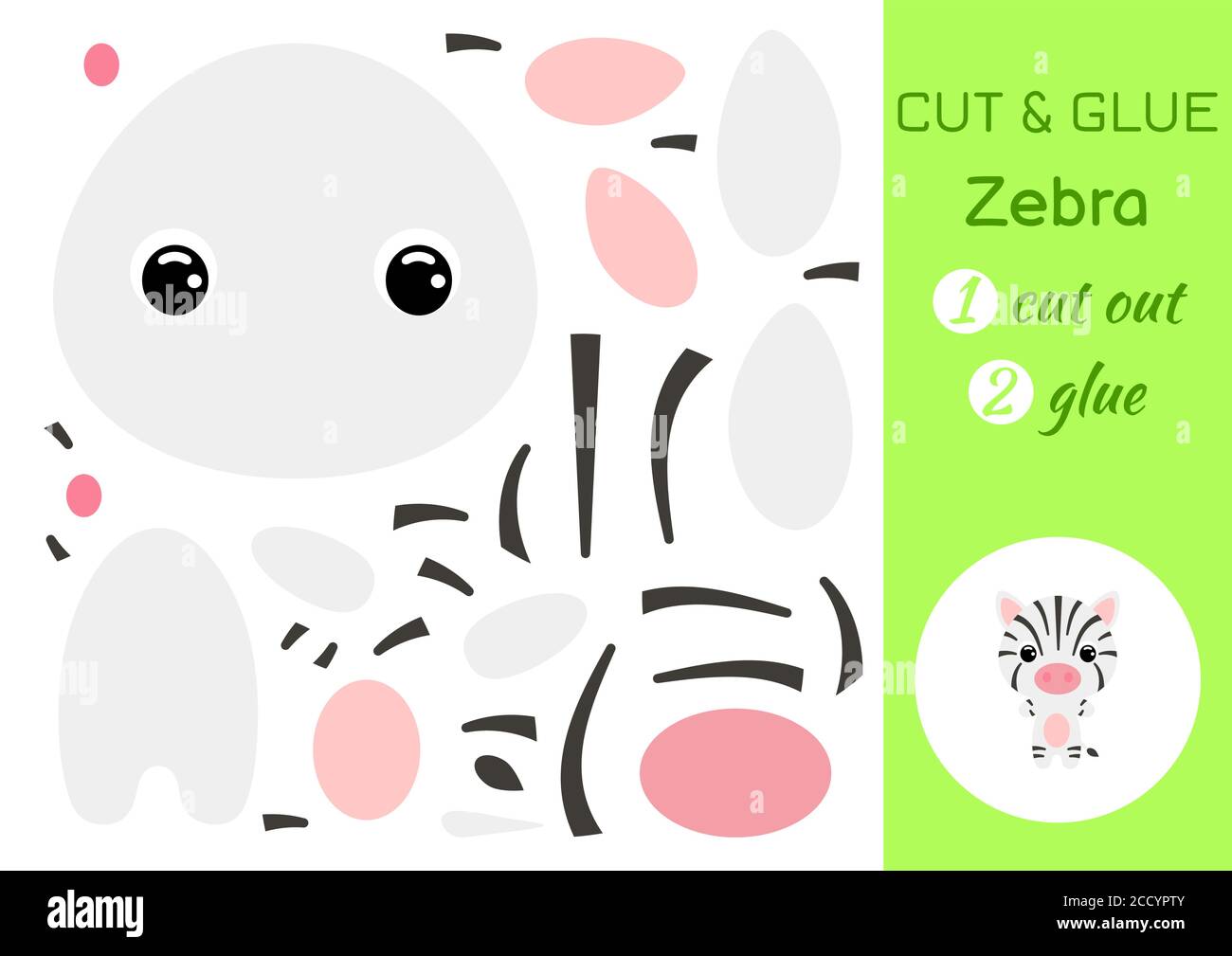 Schneiden und kleben Baby Zebra. Arbeitsblatt zur Entwicklung von Schulungen. Farbe Papier Spiel für Kinder im Vorschulalter. Teile des Bildes ausschneiden und auf Papier kleben. Stock Vektor