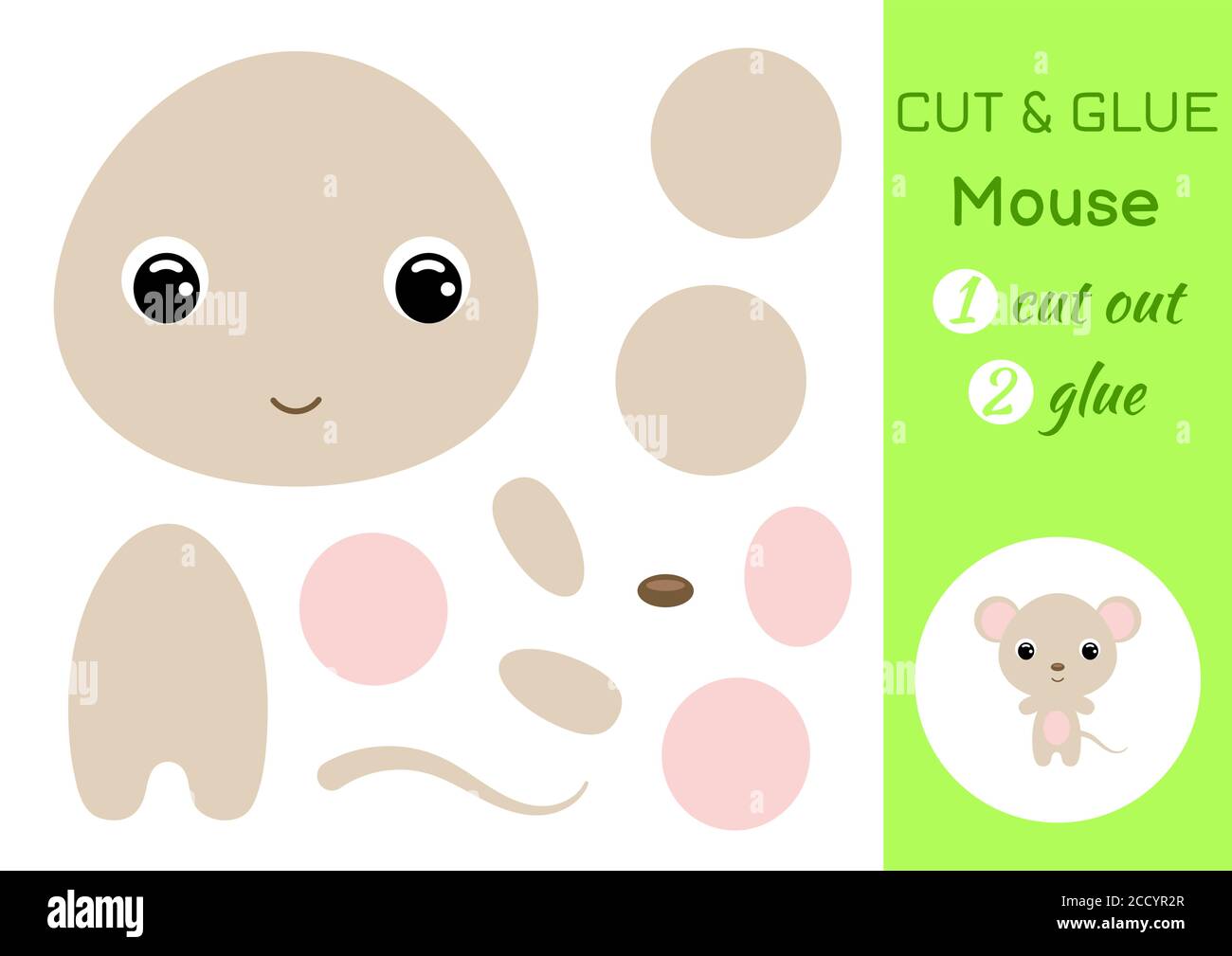 Schneiden und kleben Baby-Maus. Arbeitsblatt zur Entwicklung von Schulungen. Farbe Papier Spiel für Kinder im Vorschulalter. Teile des Bildes ausschneiden und auf Papier kleben. Stock Vektor