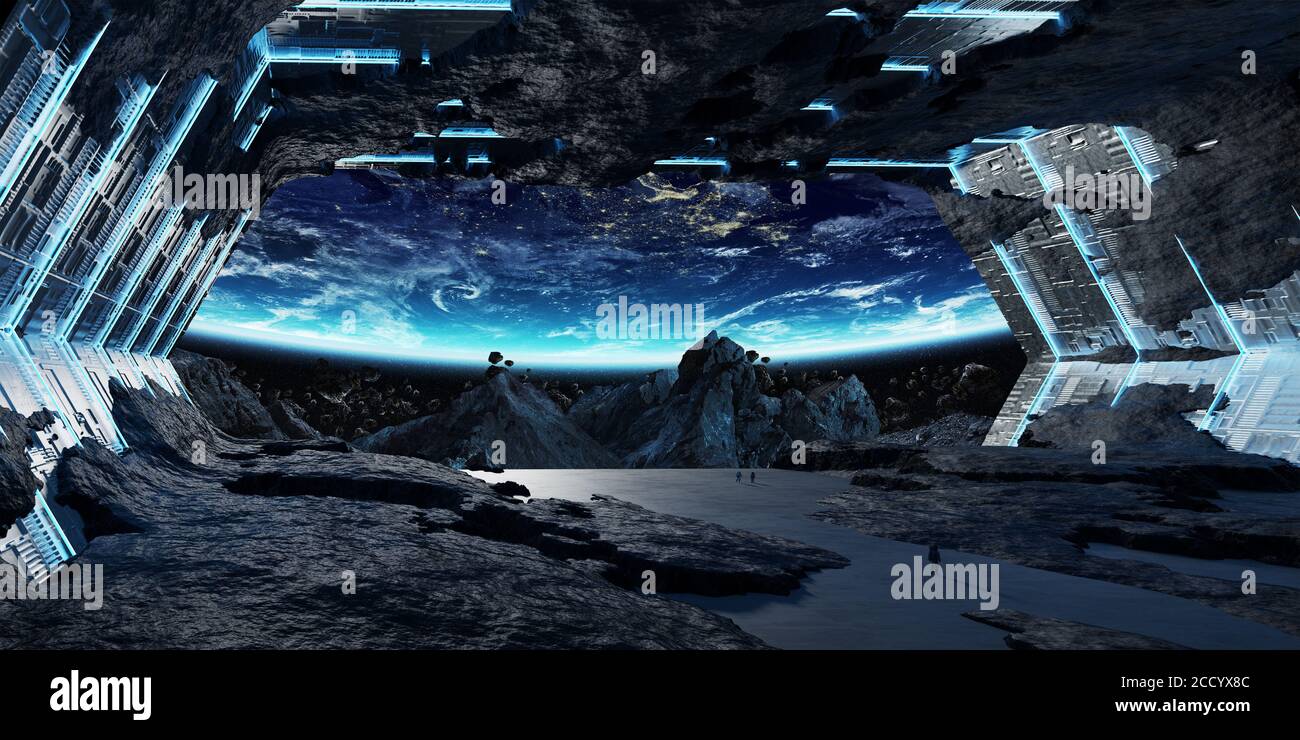 Riesige bläuliche Asteroiden Raumschiff Innenraum 3D Rendering Elemente dieser Bild eingerichtet von der NASA Stockfoto