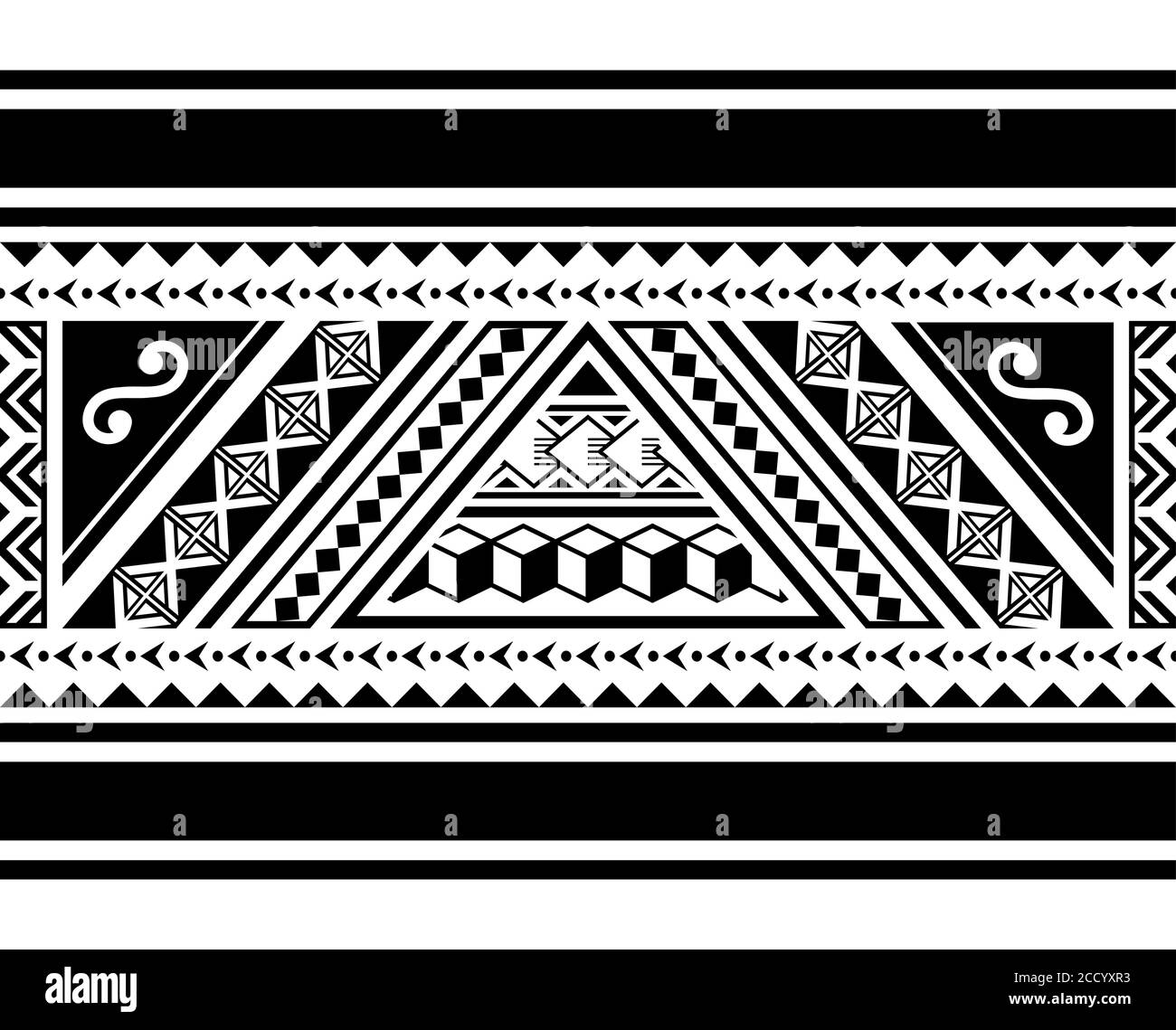 Polynesisches Tribal nahtloses Vektor horizontales Muster, hawaiianisches Retro Design inspiriert von Maori Tattoo Kunst Stock Vektor