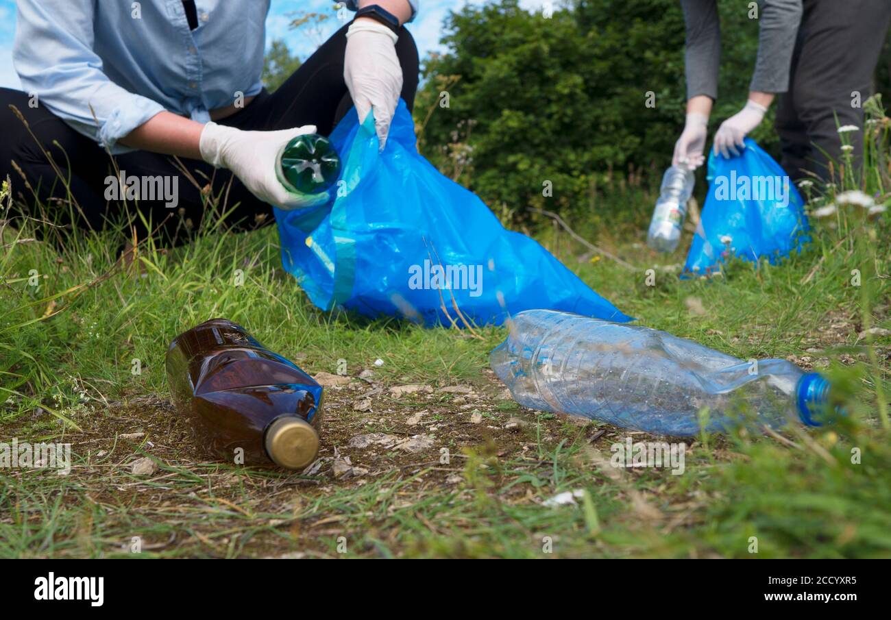 Freiwillige sammeln Flaschen im Wald. Konzept der Umweltverschmutzung. Stockfoto