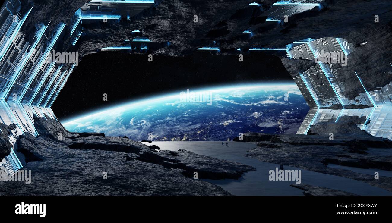 Riesige bläuliche Asteroiden Raumschiff Innenraum 3D Rendering Elemente dieser Bild eingerichtet von der NASA Stockfoto