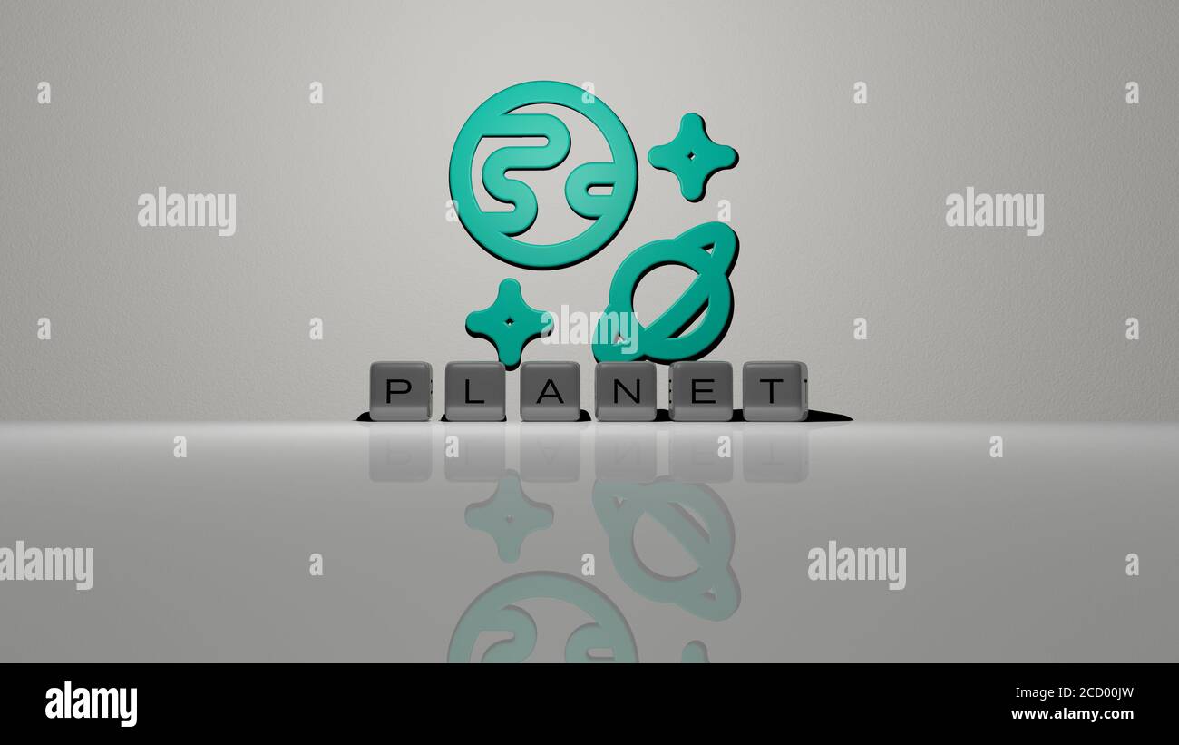 PLANET Text von Würfeln Buchstaben auf dem Boden und 3D-Symbol an der Wand, 3D-Illustration Stockfoto