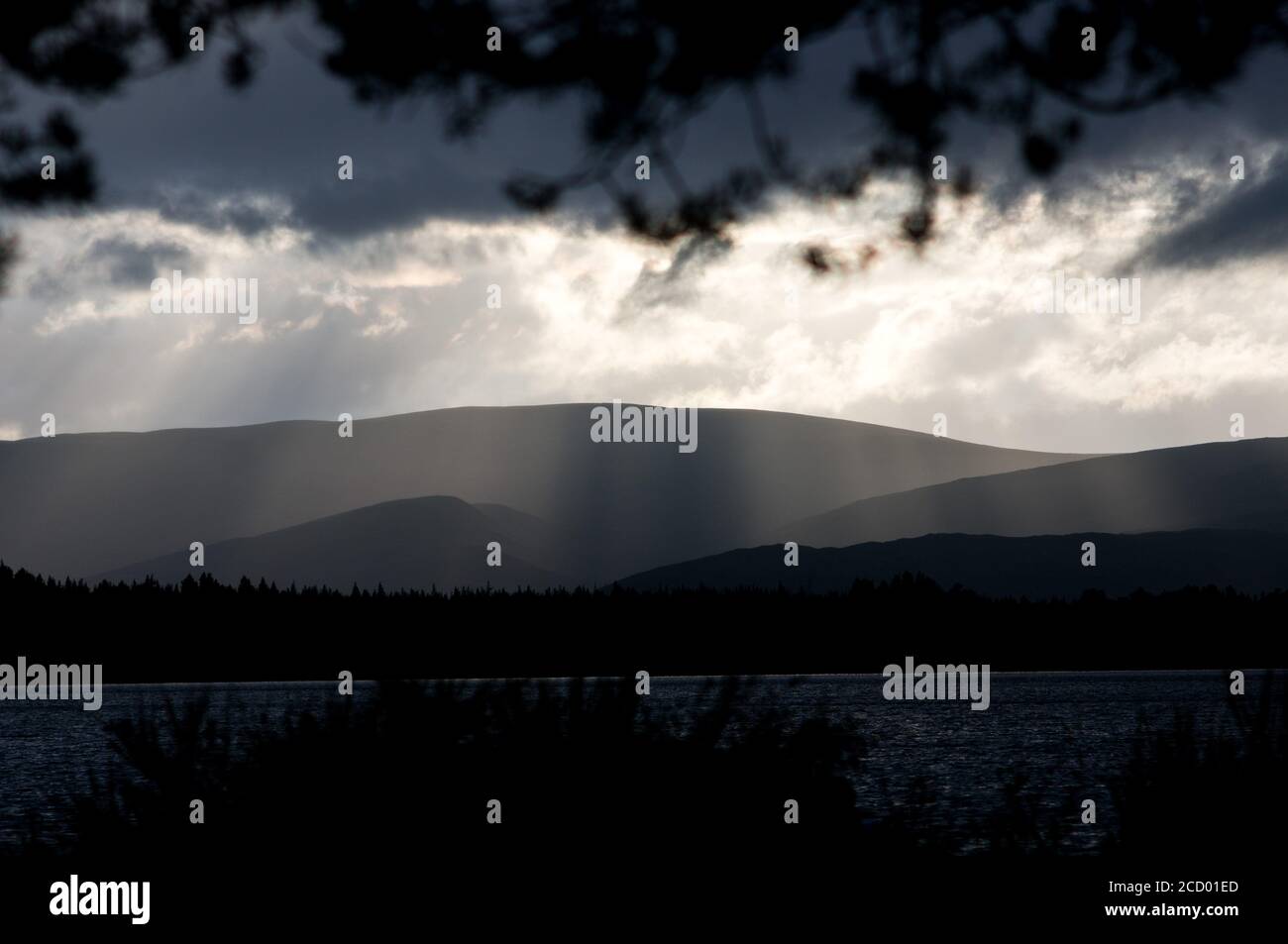 Silouhette einer Bergkette hinter einem See am Abend. Schottisches Hochland, Loch Morlich, Glen More, Cairngorms National Park Stockfoto