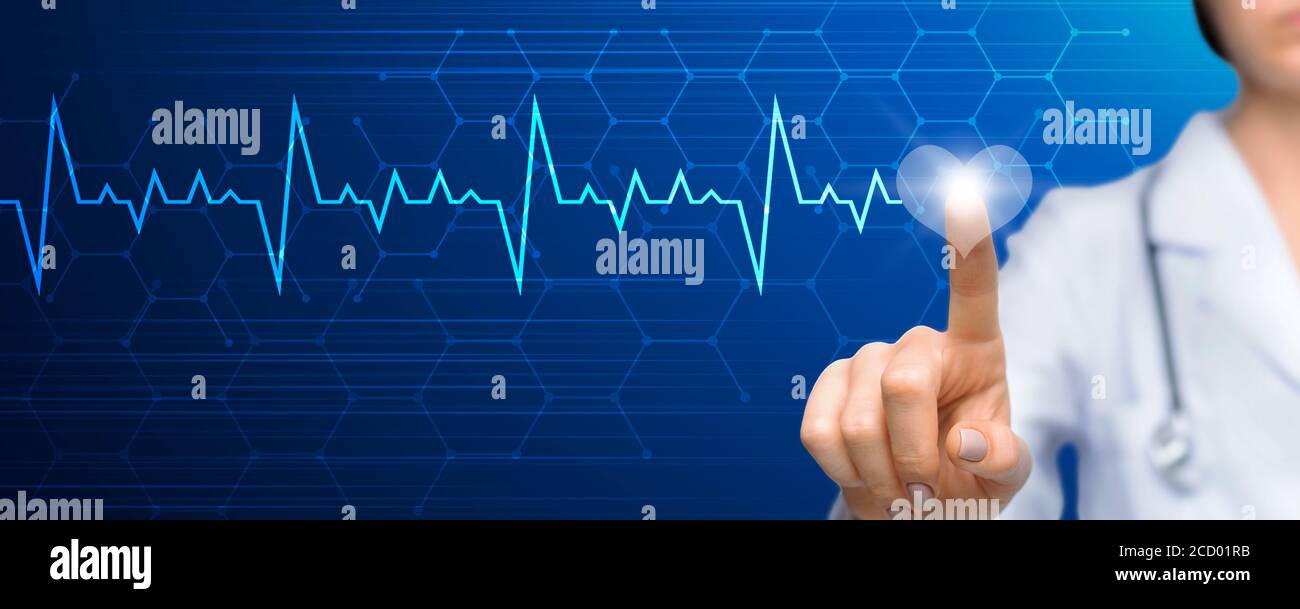 Banner mit unkenntlichen weiblichen Arzt drücken Herz-Symbol über unsichtbaren Bildschirm, Collage mit Kopierraum Stockfoto