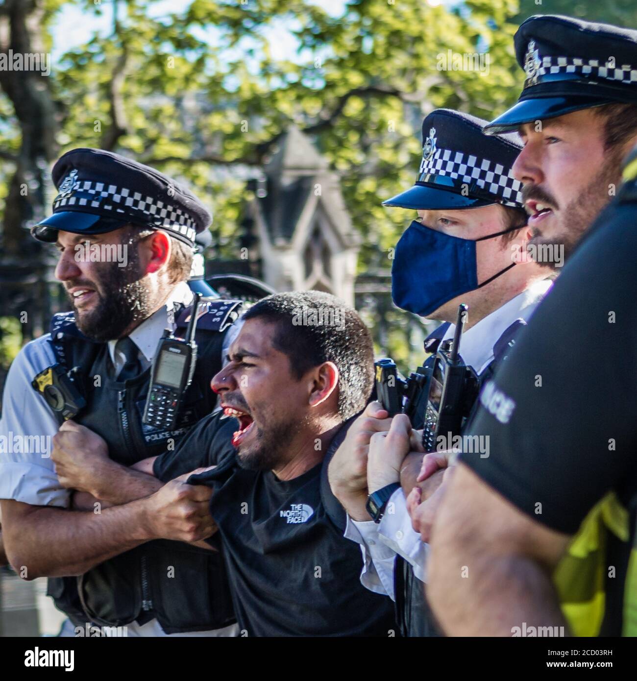 Ein Protestler wird verhaftet und von der britischen Metropolitan Police mitgenommen.während eines Protestes in London gegen Black Lives Matter. Stockfoto