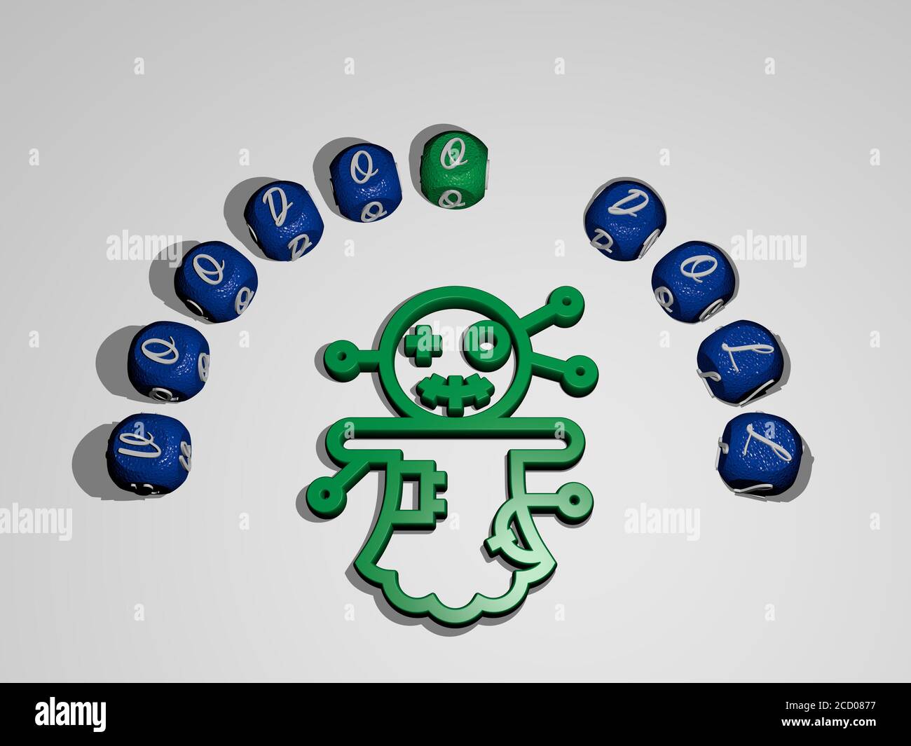 VOODOO PUPPE Symbol umgeben von dem Text der einzelnen Buchstaben, 3D-Illustration Stockfoto