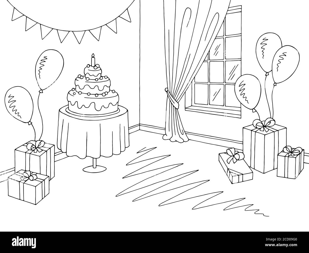 Kinder Party Zimmer Grafik schwarz weiß Heim Interieur Skizze Illustration vektor Stock Vektor
