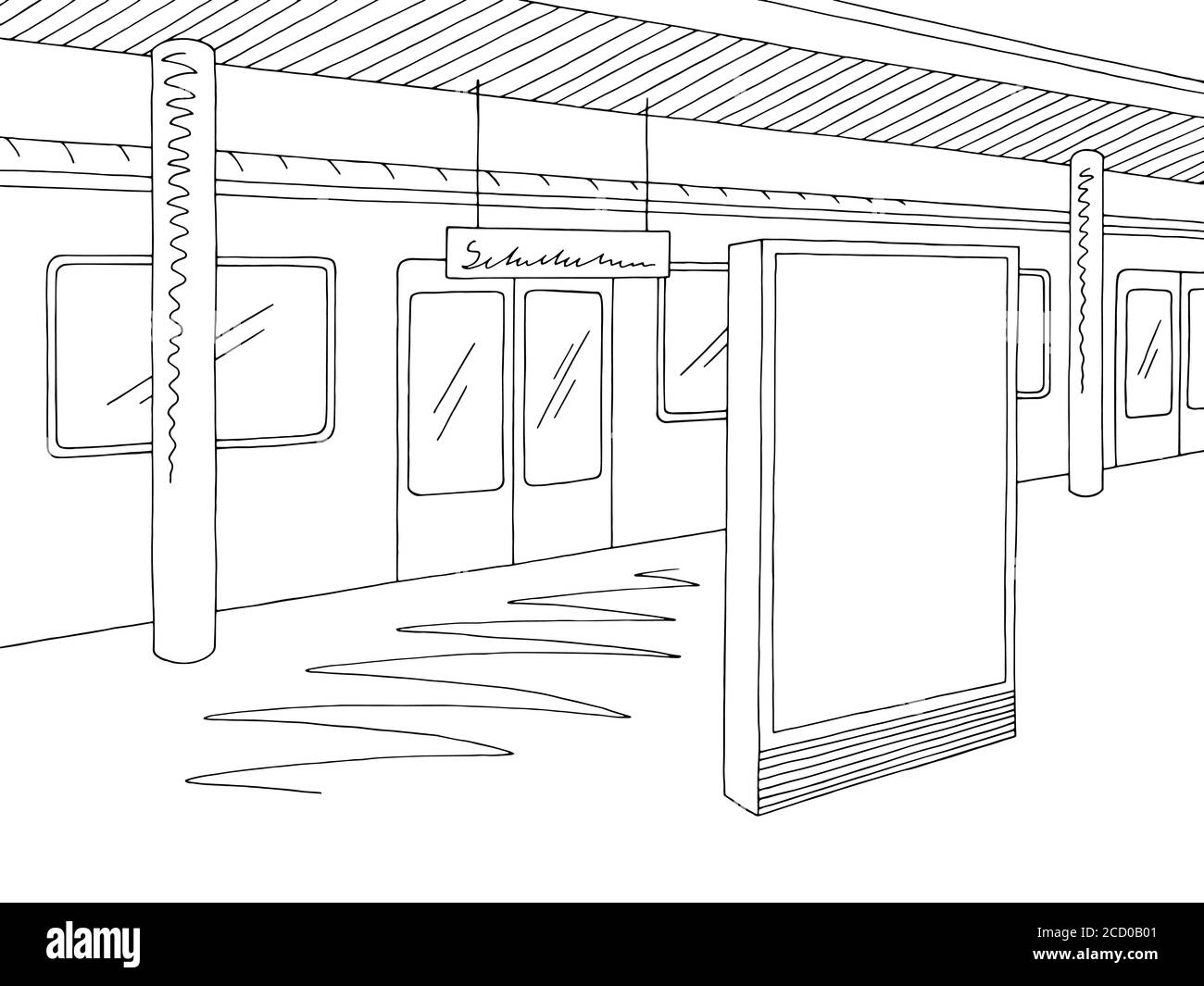 Bahnhofsbahnsteig Zug Plakatwand Grafik schwarz weiß Skizze Illustration vektor Stock Vektor