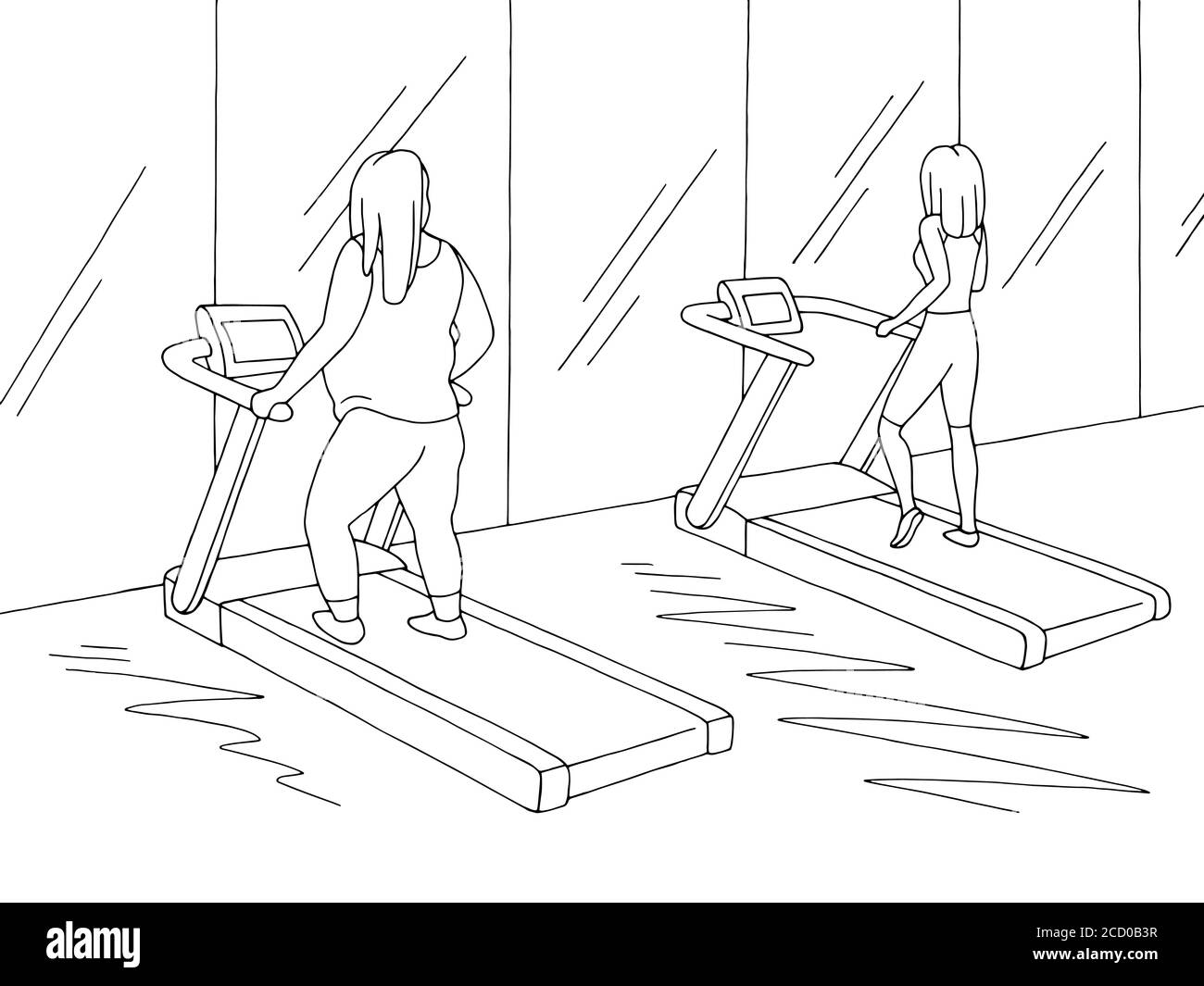 Gym Innengrafik schwarz weiß Skizze Illustration Vektor. Fett und dünne Frauen trainieren auf dem Laufband Stock Vektor