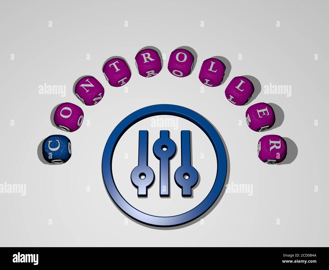 Controller-Symbol, umgeben von Text einzelner Buchstaben, 3D-Illustration Stockfoto