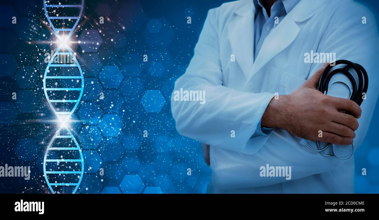 Collage mit selbstbewusster Arzt in einheitlichem Stethoskop und DNA-Molekül auf blauem Hintergrund, Freiraum Stockfoto