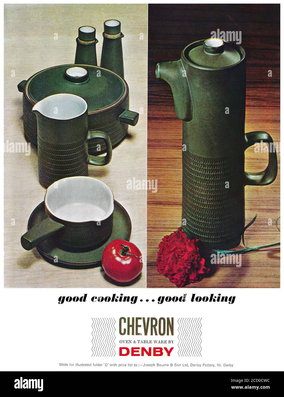 1964 Britische Werbung für Denby Pottery, mit der Chevron Serie von Ofen- und Tischgeschirr. Stockfoto